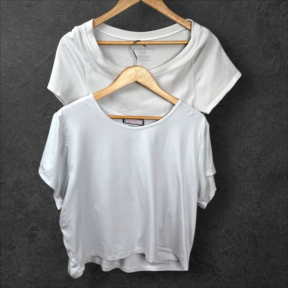Set Of 2 Ribbed‎ Cropped Tee & Slouchy Boxy Tee Set Size 2X 3X White Minimalist